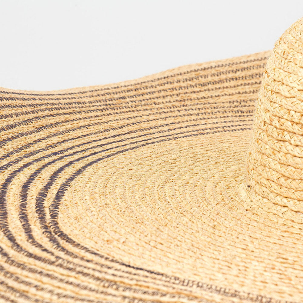 Woman Handmade Wild Brim Visor Color Stripe Vacation Beach Sun Hat Natural Raffia Rolled-up Brim Straw Hat