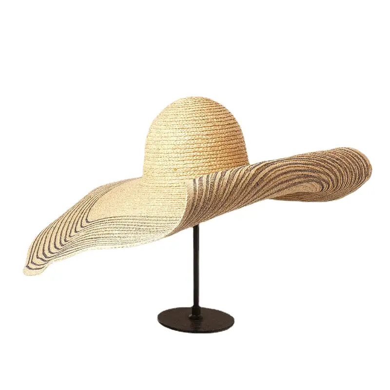 Woman Handmade Wild Brim Visor Color Stripe Vacation Beach Sun Hat Natural Raffia Rolled-up Brim Straw Hat