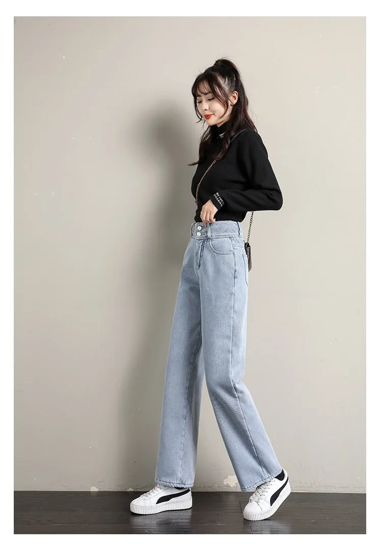 Women's Casual Style Straight Wide Leg High Waist Loose Denim Pants