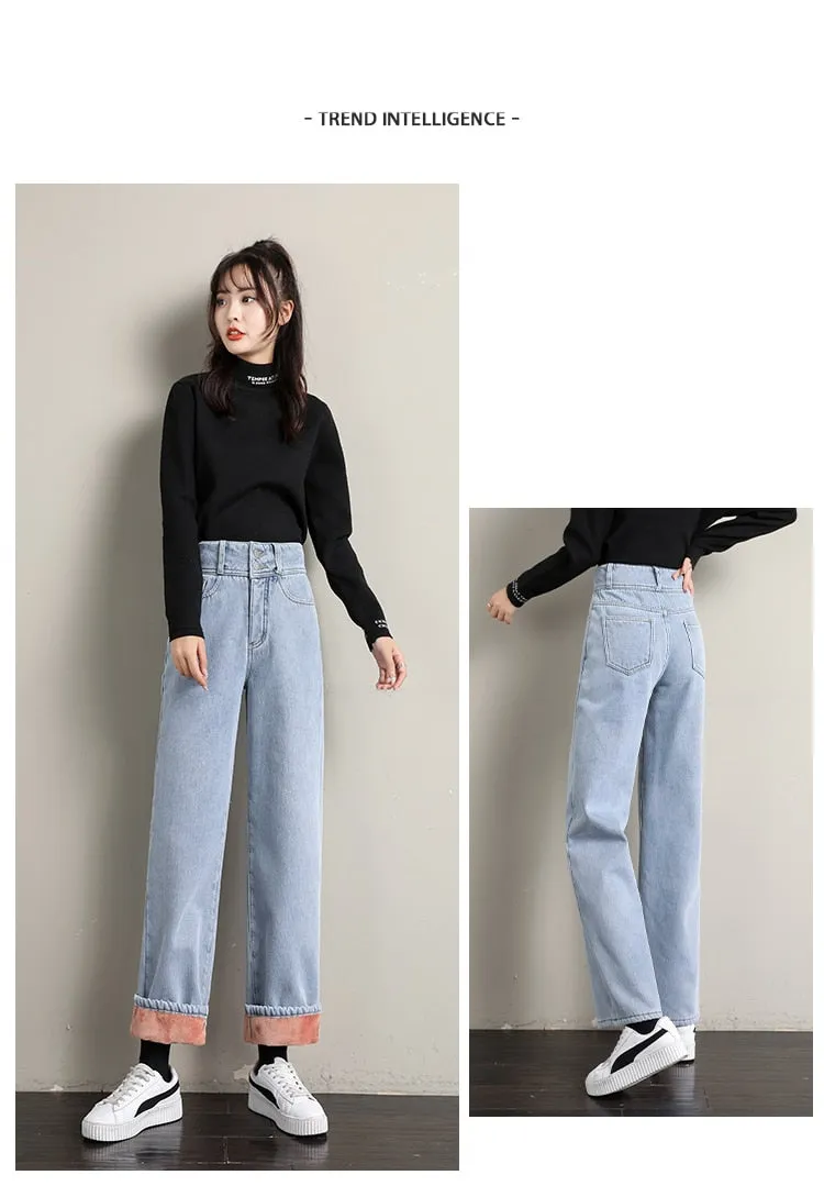 Women's Casual Style Straight Wide Leg High Waist Loose Denim Pants