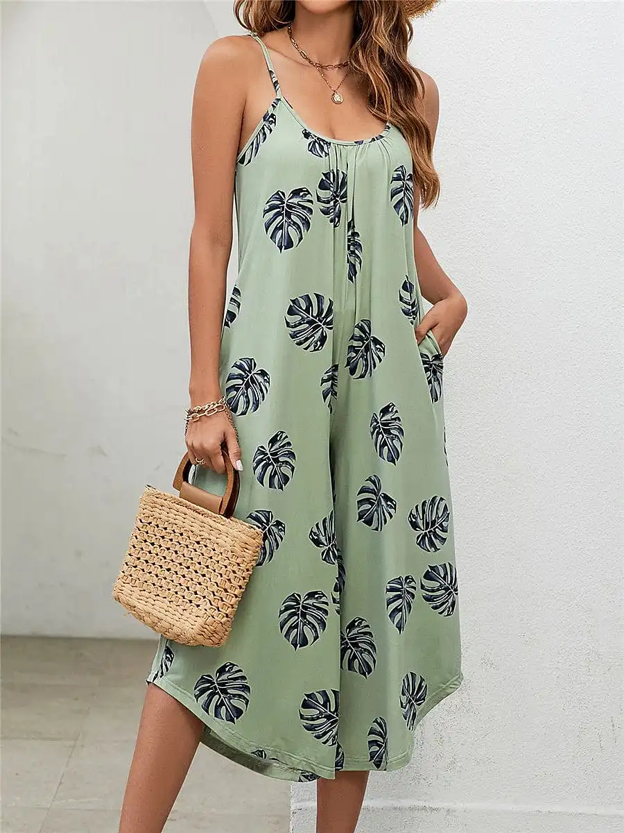 Women's Sleeveless Floral Print Romper in Dusty Blue and Green