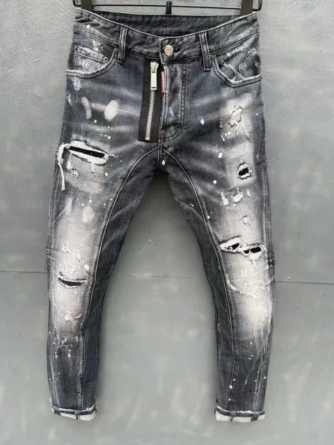 Xituodai 2022 Men's DSQUARED2 Hip Hop Distressed Inkjet Hole High Street Jeans T152#