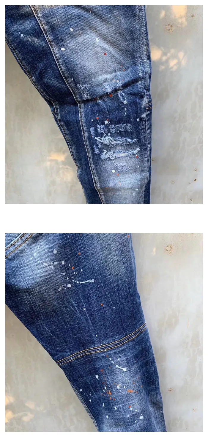 Xituodai Men's/Female Jeans Fashion Slim Fit Hole Patches Broken Ink Stitching Pants T82